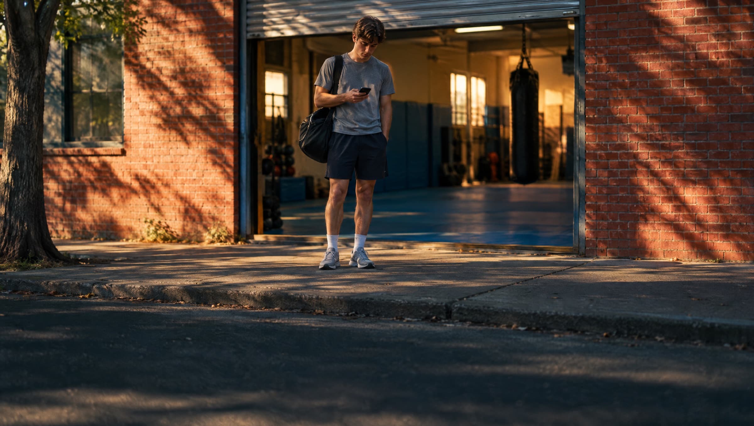 A young man with a gym bag checks his phone outside a small martial arts gym