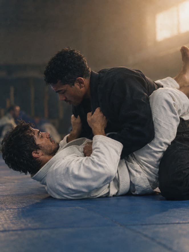 Two grapplers lock up in a guard position on blue mats