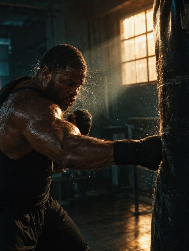 A boxer throws a right hand into a heavy bag, sweat catching the window light