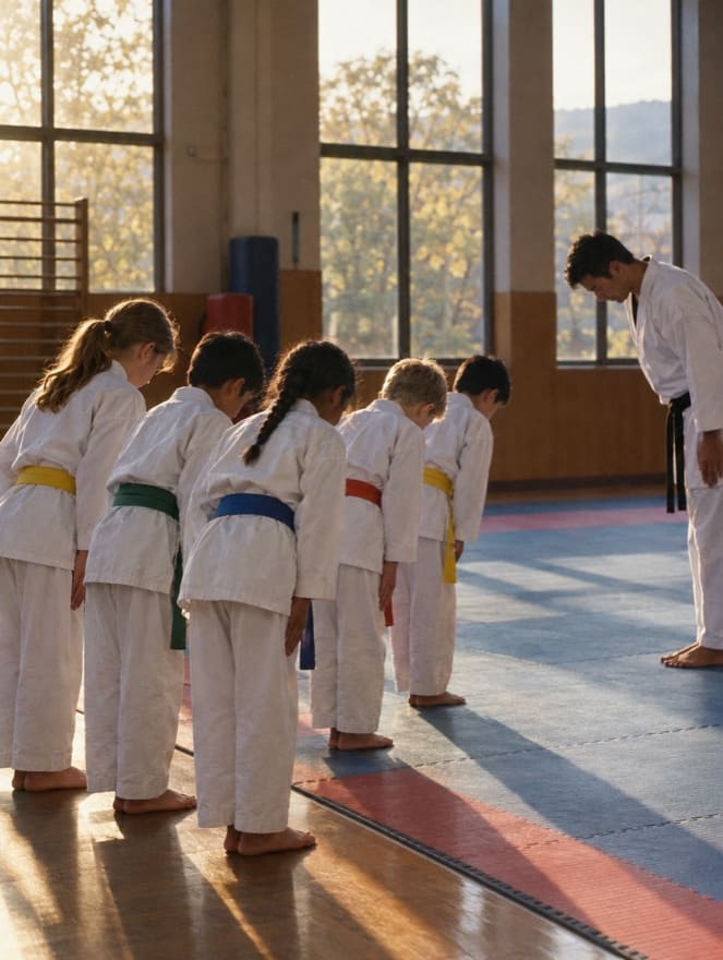 Children in white uniforms with coloured belts bow to their instructor