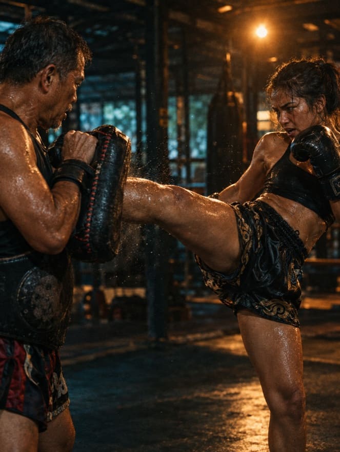 A Muay Thai fighter lands a kick on the pads held by her coach