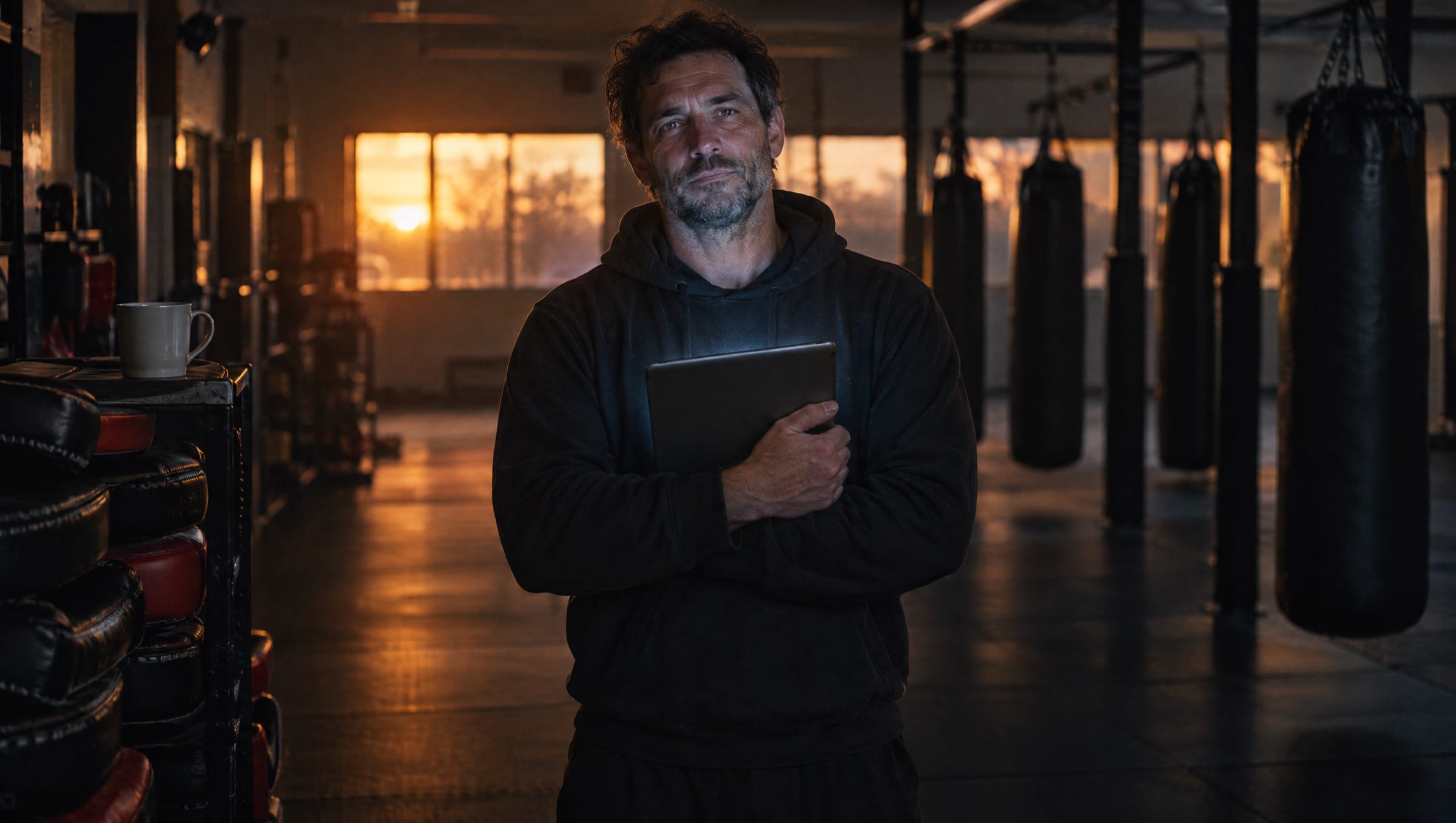 A gym owner stands in his empty gym at sunrise with a tablet against his chest