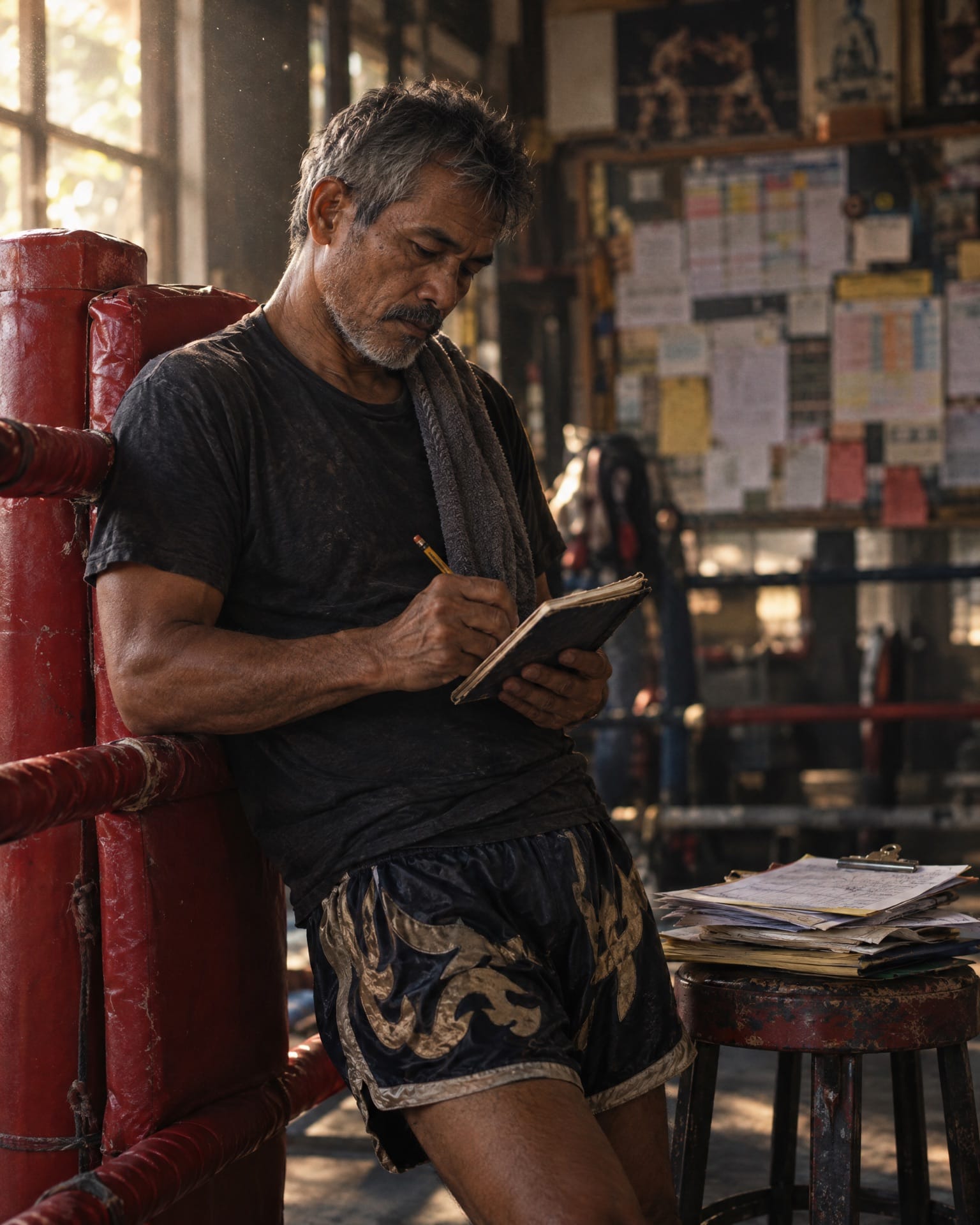 A Muay Thai coach leans on the red corner post of a ring, writing in a notebook beside a stack of loose papers