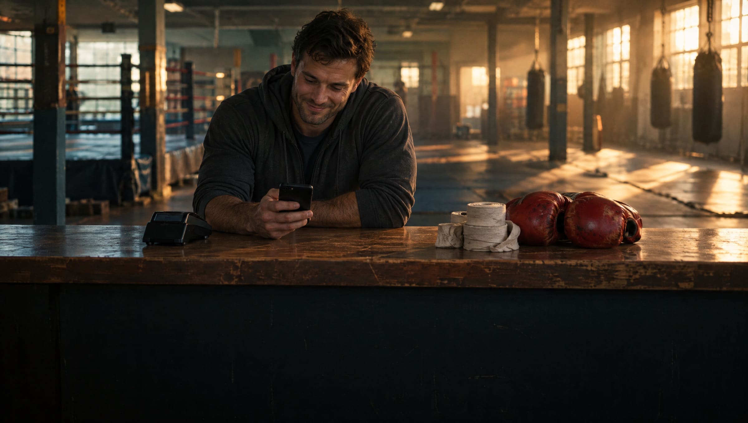 A coach smiles at his phone at the front desk of a quiet gym in the afternoon sun