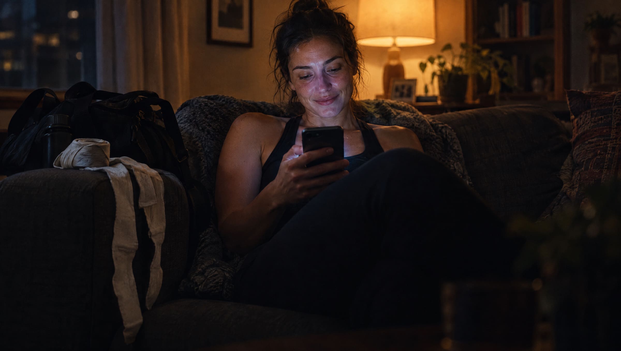 A member relaxes on her sofa after training, booking tomorrow's class on her phone